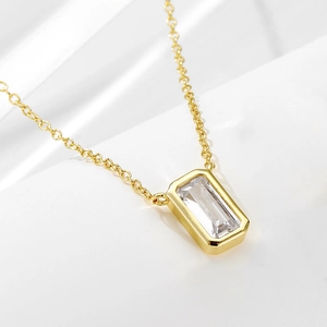 925 Sterling Silver Geometric Rectangle Zirconia Pendant Necklace For Women Minimalist Emerald Cut Choker Jewelry Gift