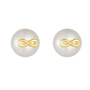 Elegant S925 silver pearl stud earrings with golden infinity symbol in minimalist style