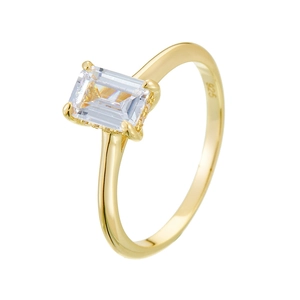 Elegant S925 sterling silver ring with emerald cut rectangular zircon in gold finish