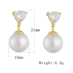 Detail showing 21mm drop earrings with 10mm white pearls and triangular zircons