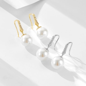 925 silver pearl drop earrings with sparkling zircon inlay in gold and silver finishes