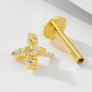 Gold 925 silver cross piercing stud with opal and zircon in flat back threaded design