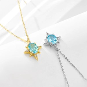 Collana in Argento Sterling 925 Con Ciondolo a Ottagramma in Topazio Blu Collana a Catena Con Stella in Strass per Donna Gioielli