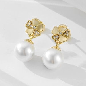Flower Artificial Pearl Drop Earrings With 925 Sterling Silver Earring Post Zircon Inlaid Elegant French Style Jewelry For Women