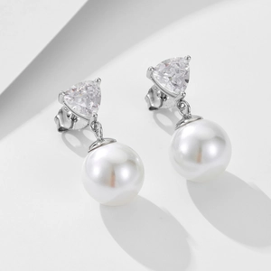 Elegant 925 sterling silver drop earrings with triangular zircon and round white pearls