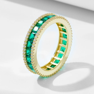 925 Sterling Silver Ring For Women Luxury Princess Square Emerald Green Rhinestone Inlaid Gold Plated Eternity Band Jewelry