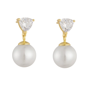Elegant 925 silver pearl drop earrings with triangular cubic zirconia in gold finish