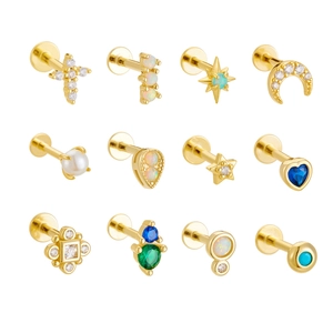 925 Sterling Silver Piercing Stud Earrings With Zirconia Opal Artificial Pearl Turquoise Flat Back Labret For Women Fashion Jewelry