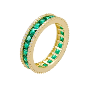 S925 silver eternity ring with square emerald zircon and double row diamond pavé