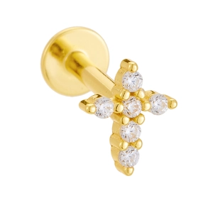 Gold 925 sterling silver cross earring with sparkling white cubic zirconia and flat back