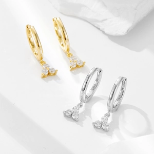 S925 sterling silver geometric hoop earrings with zirconia floral drops in gold and silver