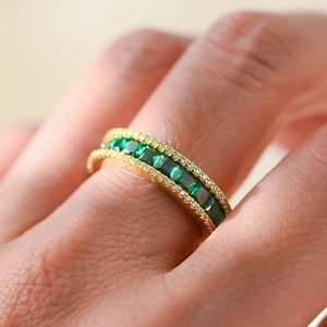 Gold plated S925 silver ring featuring emerald cut stones and micro paved white zircons