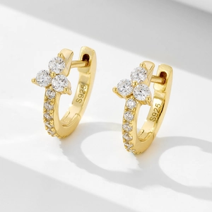 925 Sterling Silver Geometric Hoop Earrings With Rhinestone Flower Inlaid Delicate Lightweight Huggie Earrings For Women Jewelry