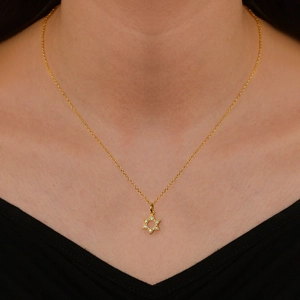 925 silver 14k gold plated hexagram star pendant necklace with cubic zirconia on model