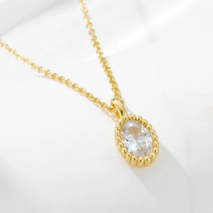 Collana con Ciondolo in Strass Ovale in Argento Sterling 925 per Donna Placcato Oro Minimalista Bordo Milgrain Catena da Clavicola Gioielli