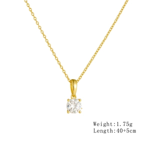 Detailed view of 925 sterling silver four-prong round zircon pendant on a gold thin chain