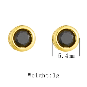Close-up of classic 5.4mm round black zircon stud earrings in gold plated silver