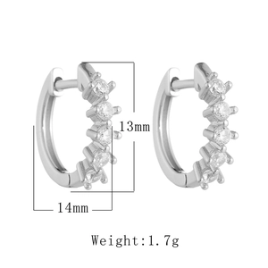 Detailed size view of silver C-shaped hoop earrings with clear zircon stones