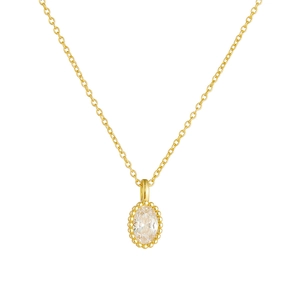 Collana in argento sterling S925 placcato oro 14K con ciondolo in zircone ovale e milgrain