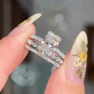 Three-piece S925 sterling silver ring set with radiant cut ice flower cubic zirconia
