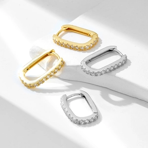 S925 sterling silver rectangular hoop earrings with zircons in gold and silver finish