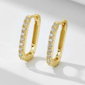 S925 Sterling Silver Oval U-Shape Hoop Earrings For Women Gold Silver Plated Rhinestone Pave Geometric Fashion Jewelry