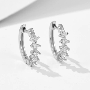 Classic S925 sterling silver C-shaped hoop earrings with four round cubic zirconia stones