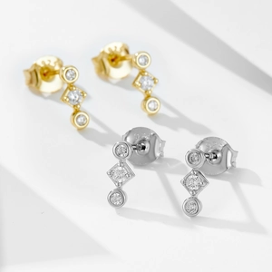 S925 sterling silver geometric stud earrings with sparkling cubic zirconia in gold and silver