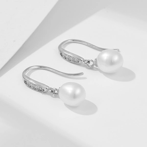Minimalist s925 silver long hook earrings featuring white freshwater pearls and cubic zirconia