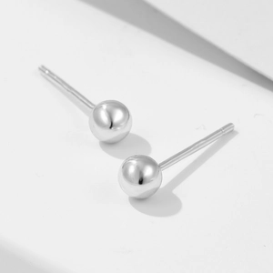 Minimalist S925 sterling silver round bead stud earrings with polished finish on white background