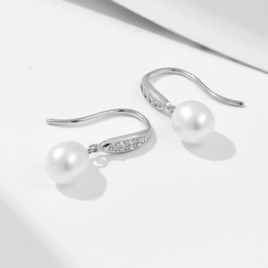 Elegant S925 sterling silver drop earrings with long hooks and white freshwater pearls
