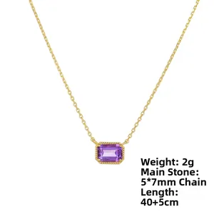 Detail view of gold S925 silver necklace with 5x7mm amethyst pendant and specs