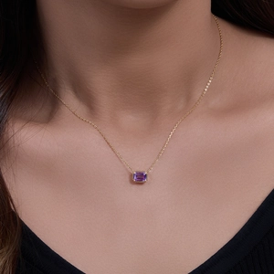Minimalist S925 sterling silver necklace with rectangular amethyst pendant on model