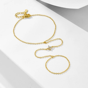 Bracelet bague en argent S925 avec trèfle en zircone et placage en or 14K
