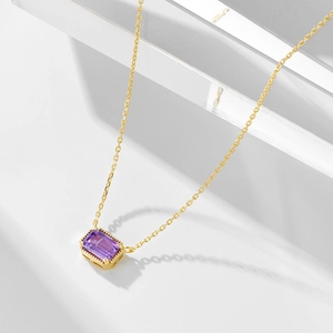 S925 sterling silver amethyst necklace with rectangle purple gemstone pendant