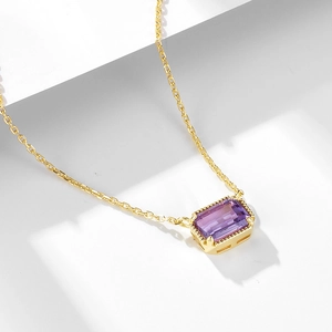 S925 Sterling Silver Natural Amethyst Necklace For Women Gold Plated Rectangle Purple Stone Pendant Geometric Choker Jewelry Gift