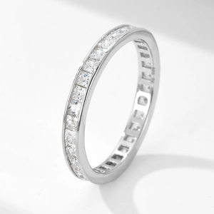 925 Sterling Silver Full Eternity Ring Princess Cut Rhinestone Wedding Band Geometric Square Pave Inlaid Ring Jewelry For Women