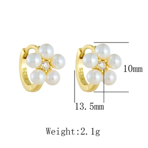Detail view of S925 silver flower earrings with pearls and zircon, 13.5mm height