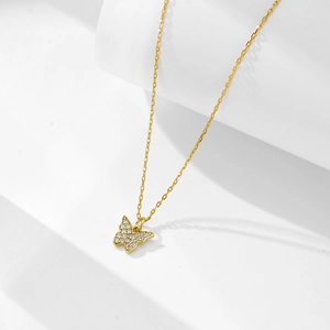 Sparkling 925 sterling silver butterfly pendant necklace with zircon stones on white base