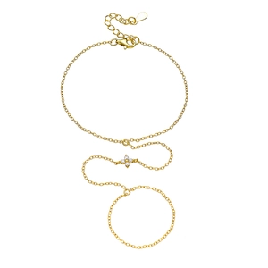 Bracelet bague en argent S925 plaqué or 14K avec pendentif trèfle en zircon brillant