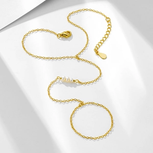 Elegant S925 silver gold finger bracelet with three white pearls and adjustable chain
