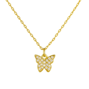 Elegant gold-tone 925 silver butterfly pendant necklace with sparkling zircon pavé setting