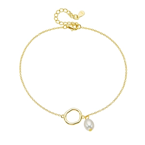 Minimalist 925 sterling silver anklet with irregular ring and pearl charm on white background