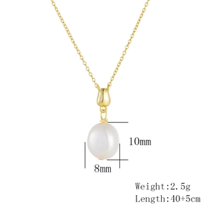 Close-up of 8x10mm natural Baroque pearl pendant on a 40+5cm golden chain necklace