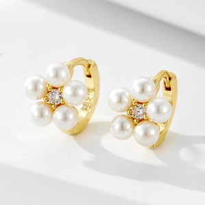 Flower Artificial Pearl Hoop Earrings With 925 Sterling Silver Earring Post Zircon Inlaid Elegant Fashion Jewelry For Women