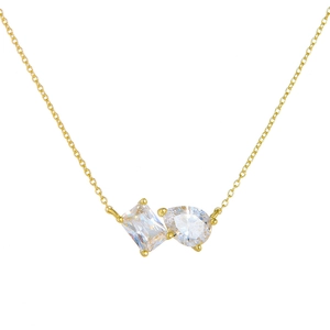 Gold S925 sterling silver necklace with pear and rectangular zircon pendants on white background