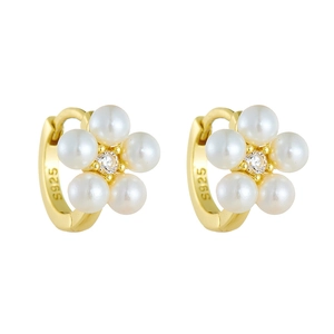 S925 sterling silver floral earrings with white pearls and sparkling zircon centers