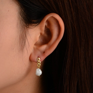 Baroque freshwater pearl earrings with gold cuban chain on 925 sterling silver hooks