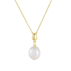 Elegant gold necklace featuring a polished round white pearl pendant on a white background