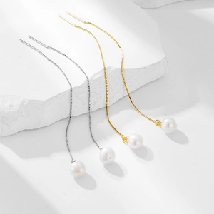 Elegant S925 silver long chain tassel earrings with natural white pearls in silver and gold